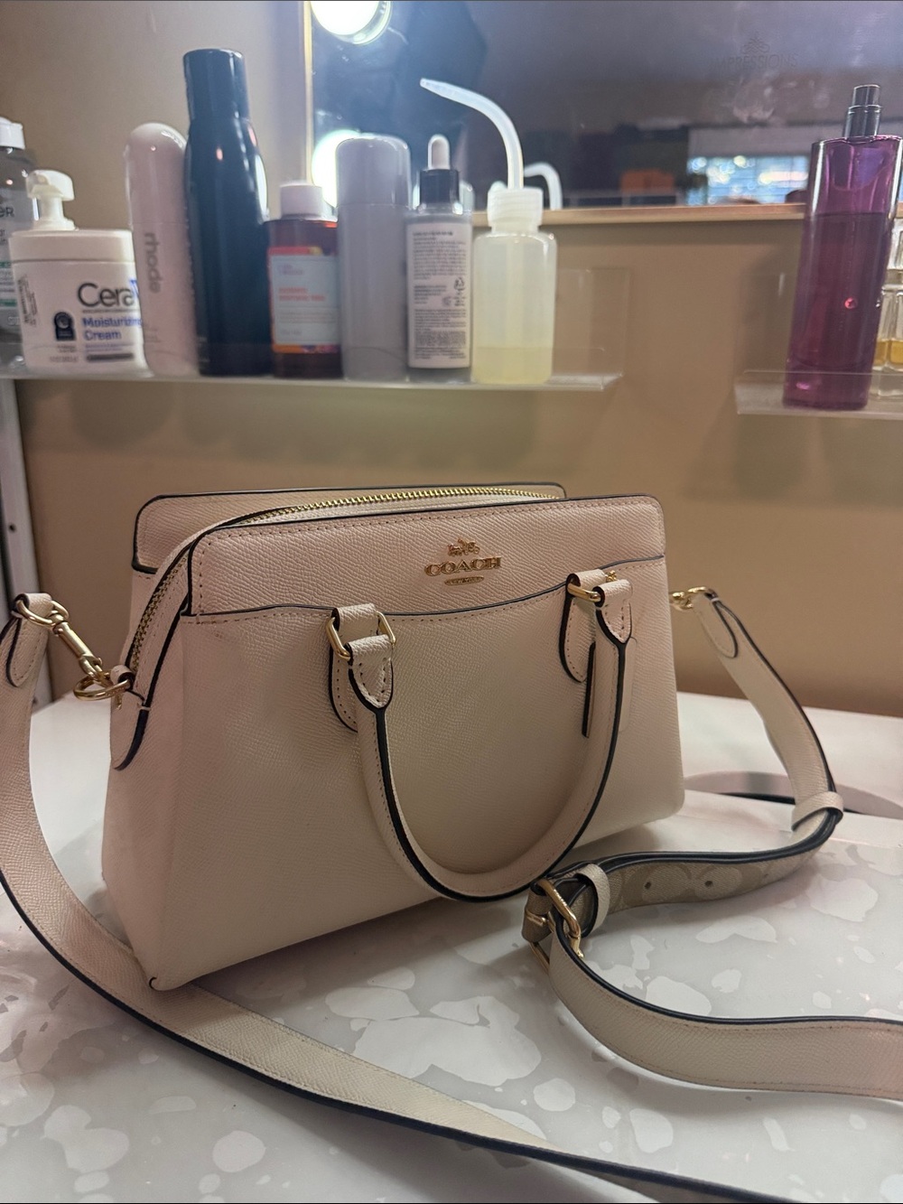 Coach Cream Pebbled Leather Satchel with Gold Hardware